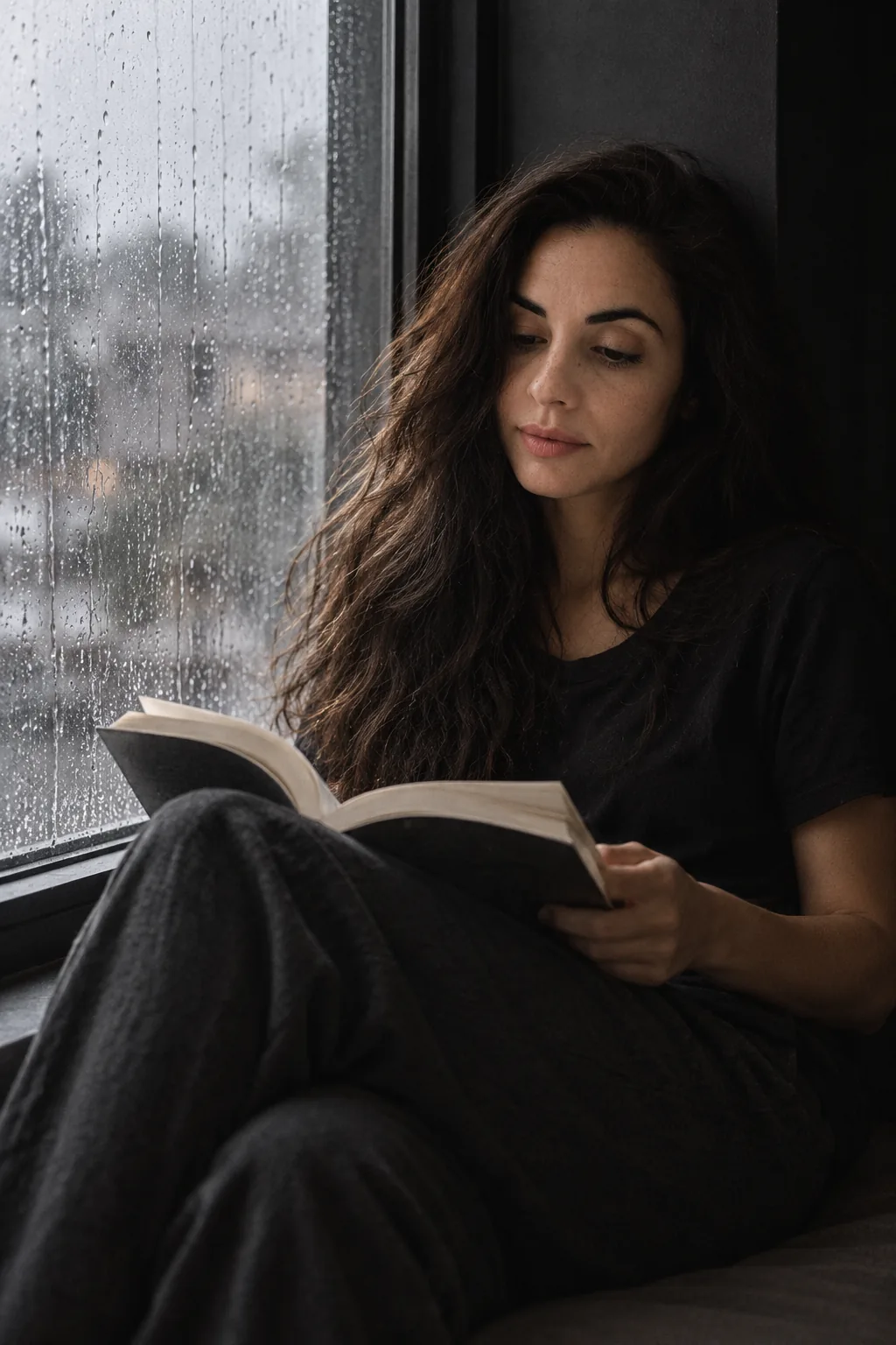 Ana Escobar leyendo junto a una ventana