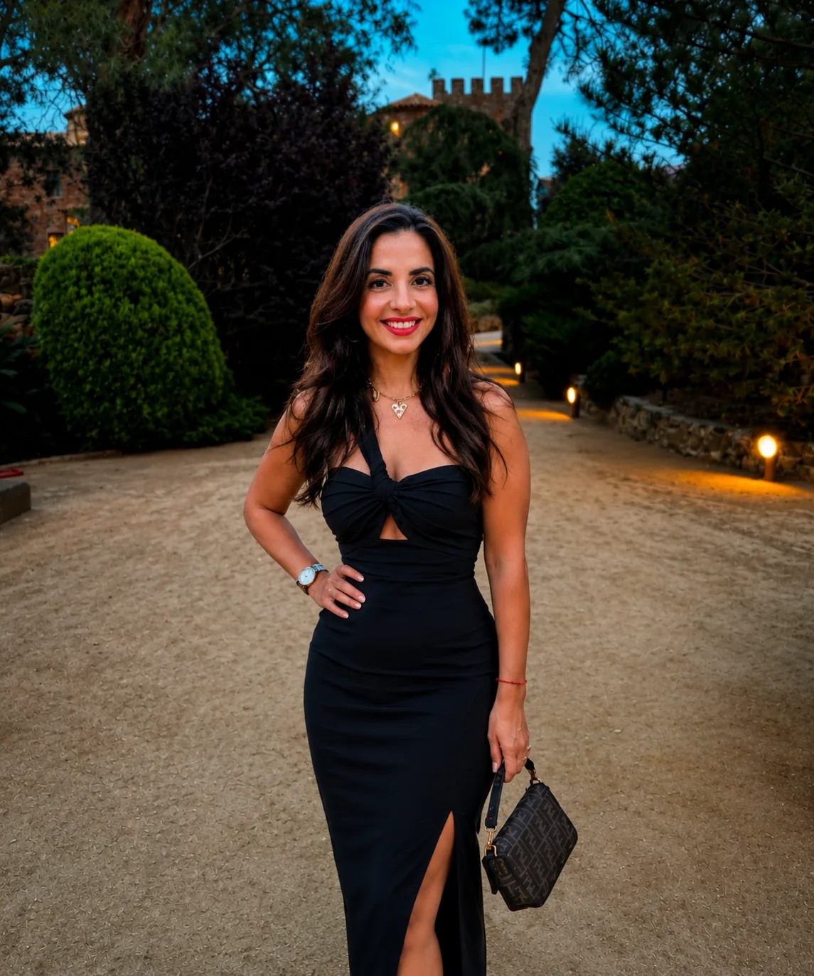 Ana Escobar en un jardín al anochecer