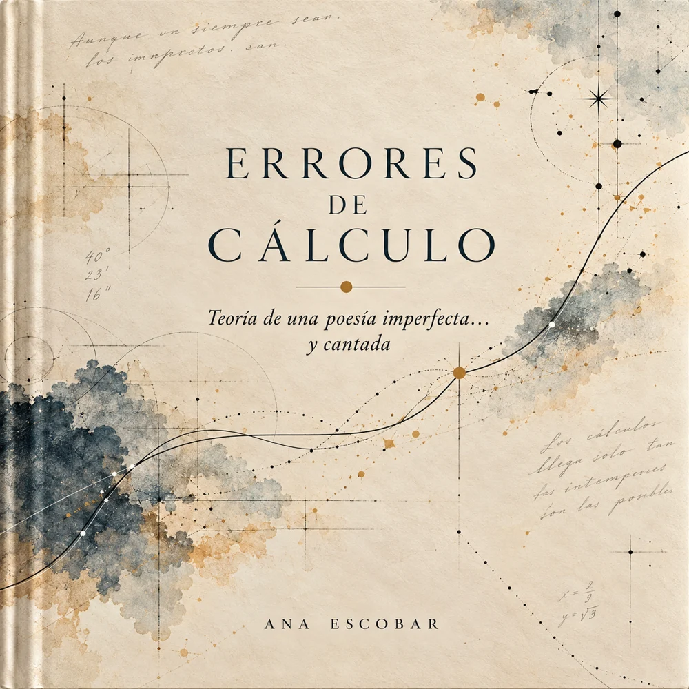 Portada de Errores de cálculo: acuarela azul, órbitas doradas y estrellas.